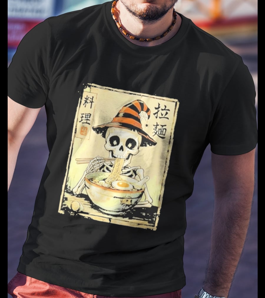 Witch Skeleton Eating Ramen With Japanese Kanji Characters T-Shirt