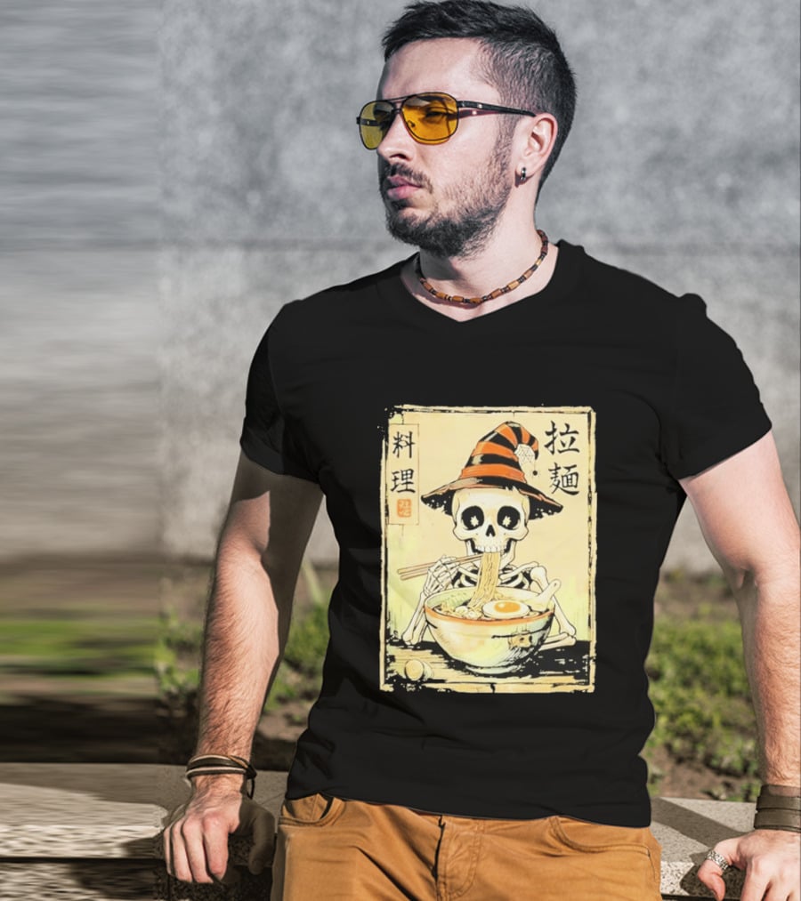 Witch Skeleton Eating Ramen With Japanese Kanji Characters T-Shirt