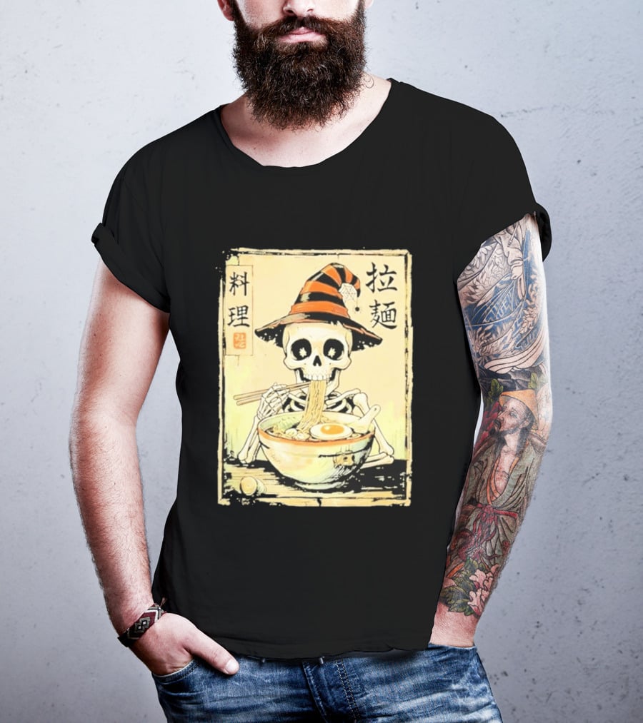 Witch Skeleton Eating Ramen With Japanese Kanji Characters T-Shirt