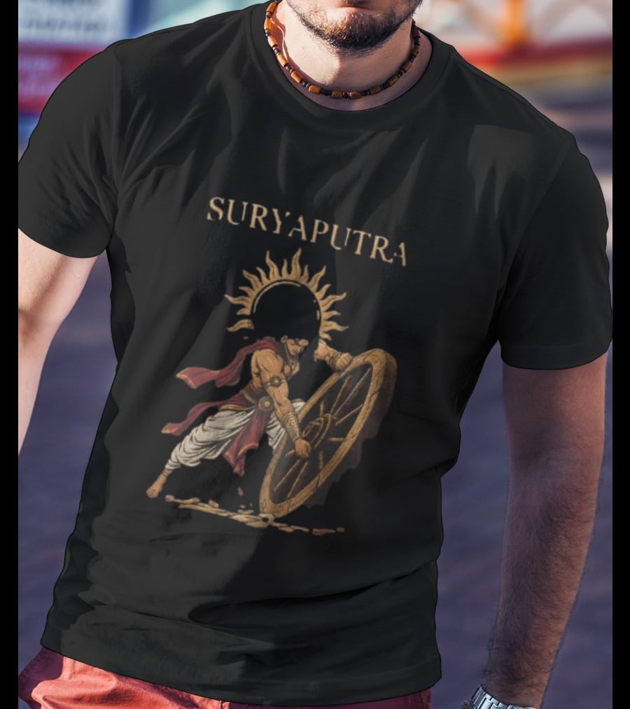 Karna Suryaputra Mahabharata Warrior Lifting Wooden Chariot Wheel With Sun Halo T-Shirt