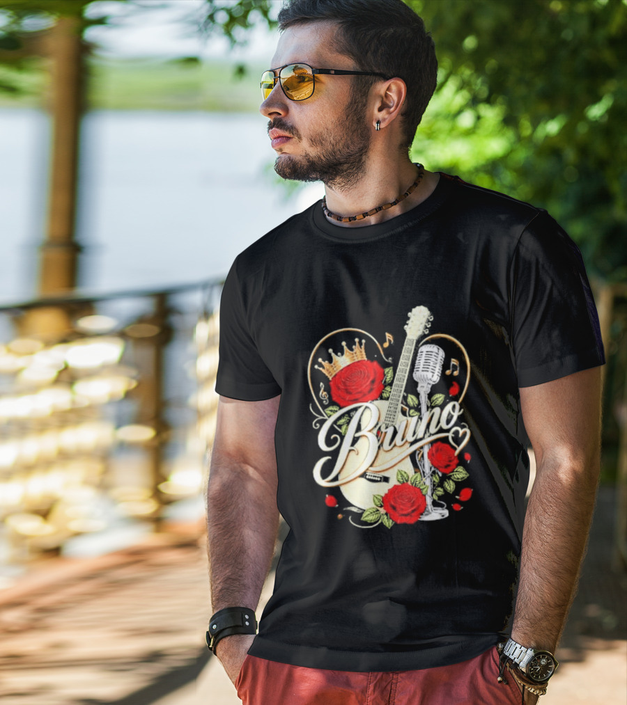 Bruno Rose Crown Guitar And Microphone With Music Notes T-Shirt