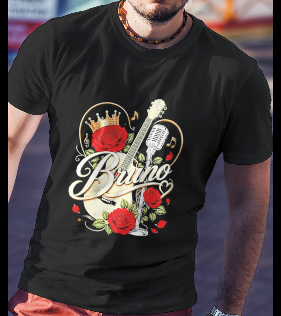 Bruno Rose Crown Guitar And Microphone With Music Notes T-Shirt