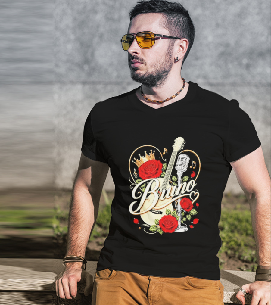 Bruno Rose Crown Guitar And Microphone With Music Notes T-Shirt