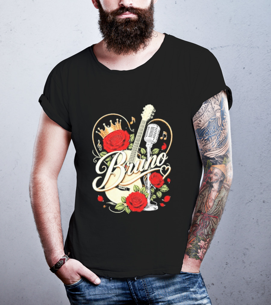 Bruno Rose Crown Guitar And Microphone With Music Notes T-Shirt