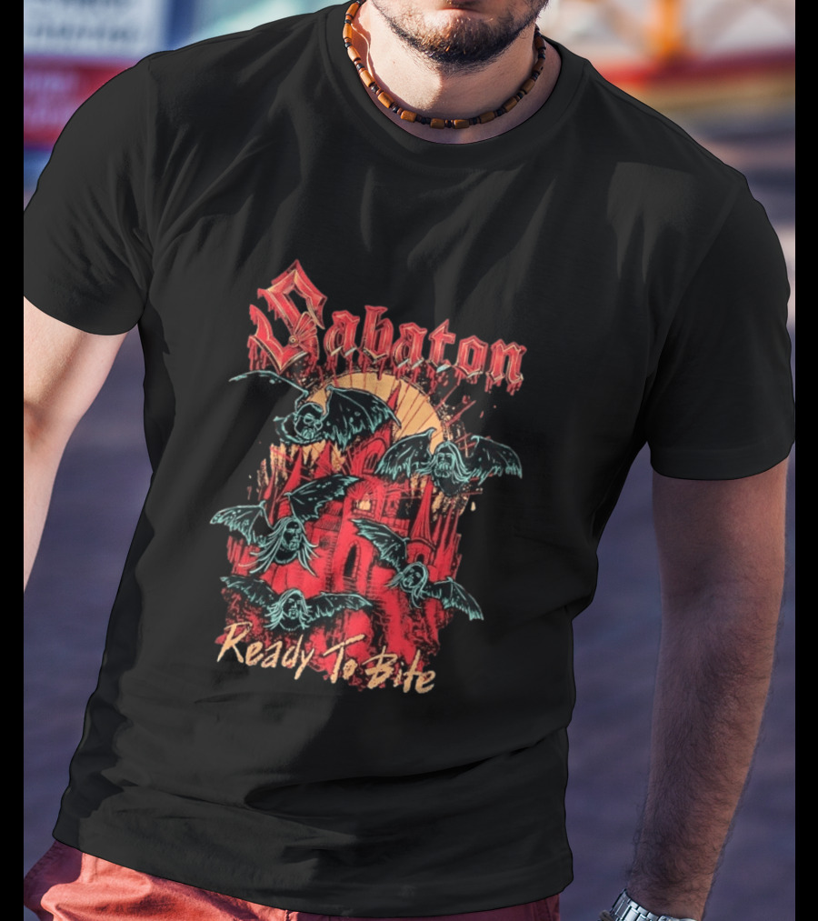 Sabaton Ready To Bite Heavy Metal Band Vampire Bats Castle T-Shirt