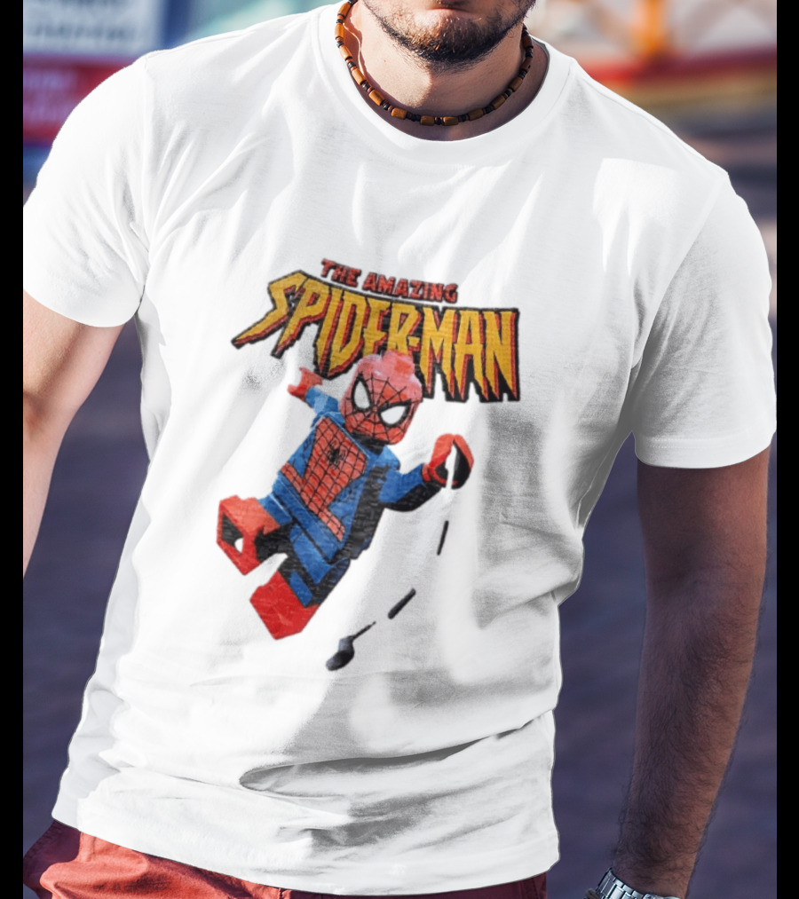 Spider Man The Amazing Lego Minifigure Swinging On Web Iconic Marvel Hero T-Shirt