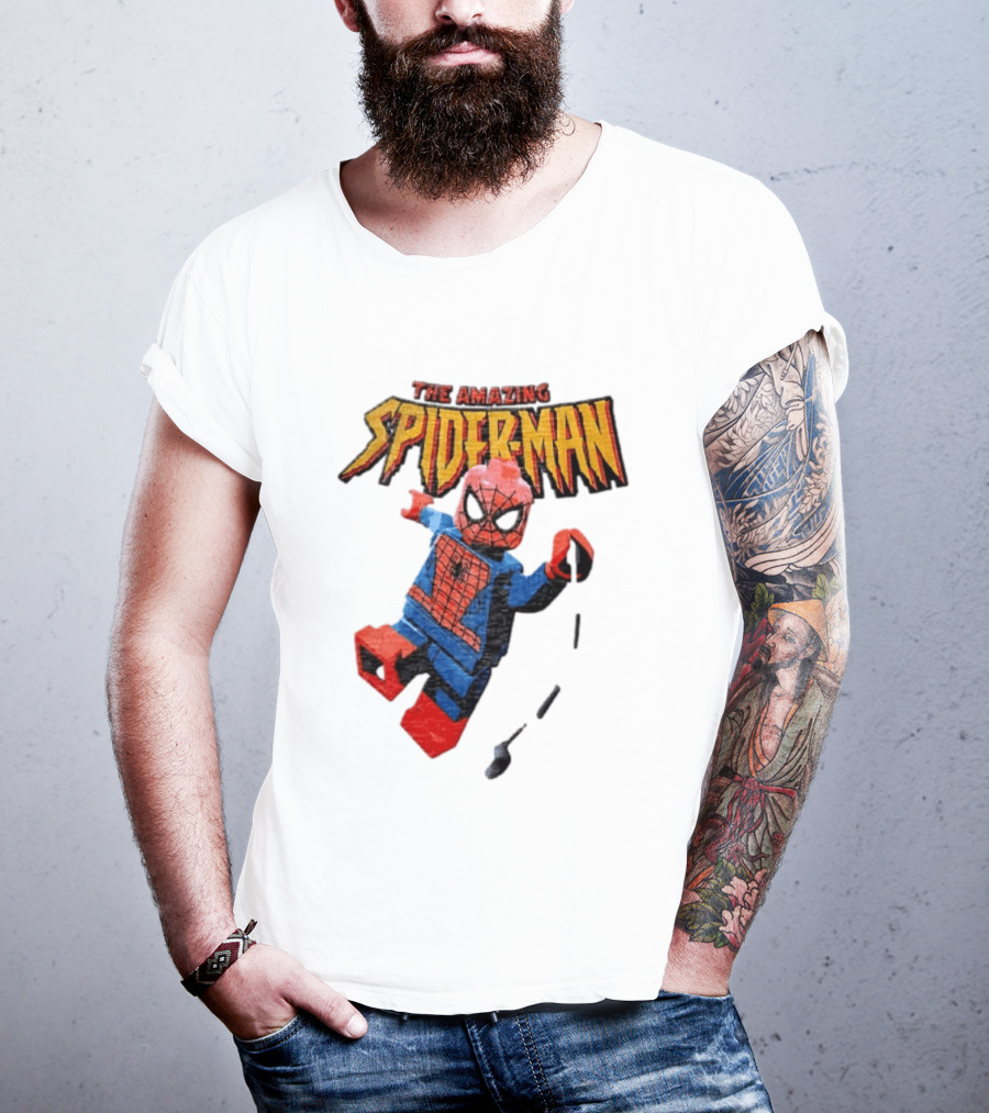 Spider Man The Amazing Lego Minifigure Swinging On Web Iconic Marvel Hero T-Shirt