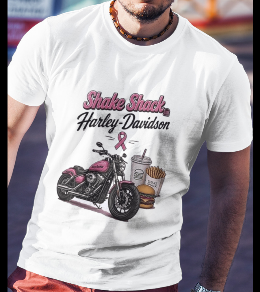 Shake Shack Harley Davidson Pink Ribbon Burger Fries Breast Cancer Awareness Month T-Shirt