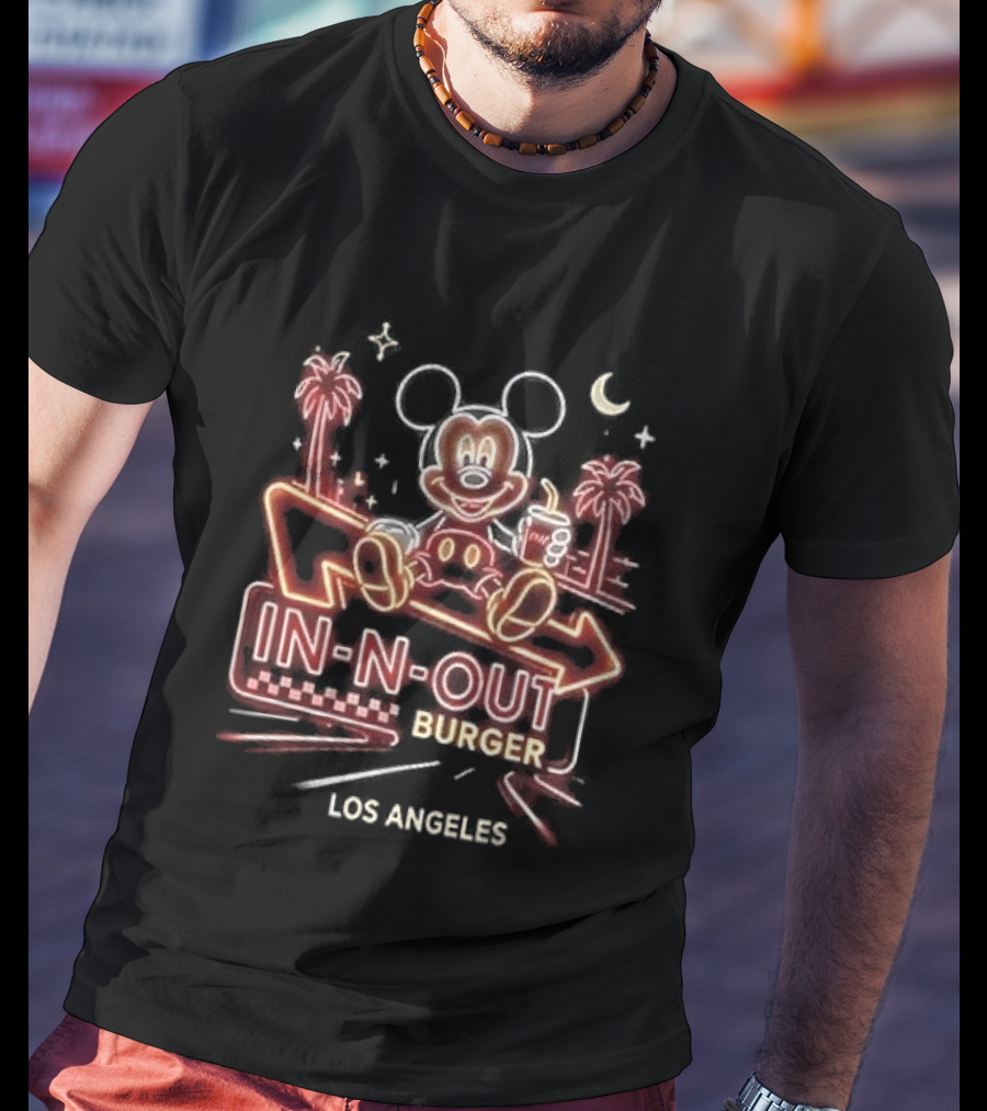 Mickey Mouse In N Out Burger Neon Los Angeles Palm Trees T-Shirt