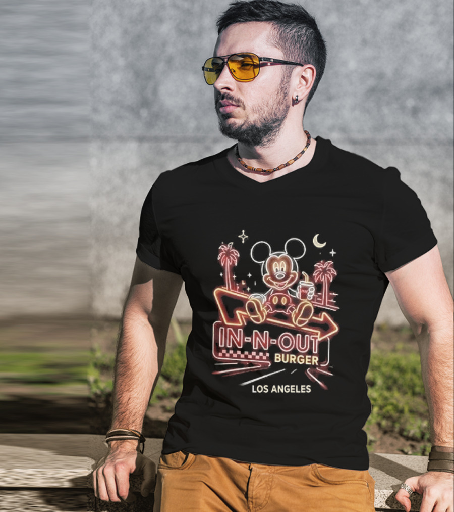 Mickey Mouse In N Out Burger Neon Los Angeles Palm Trees T-Shirt