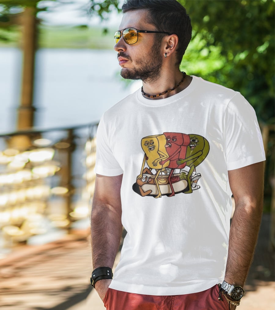 Hot Dog Topped With Mustard Ketchup And Relish Cartoon Characters T-Shirt