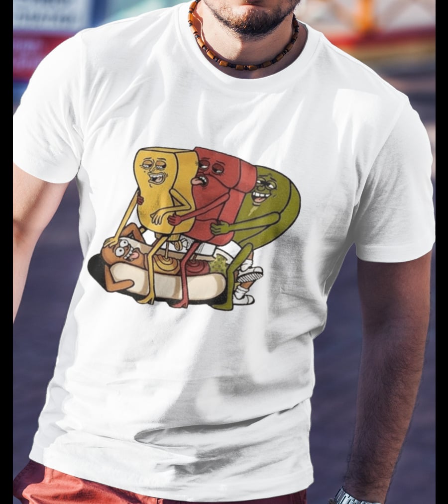 Hot Dog Topped With Mustard Ketchup And Relish Cartoon Characters T-Shirt