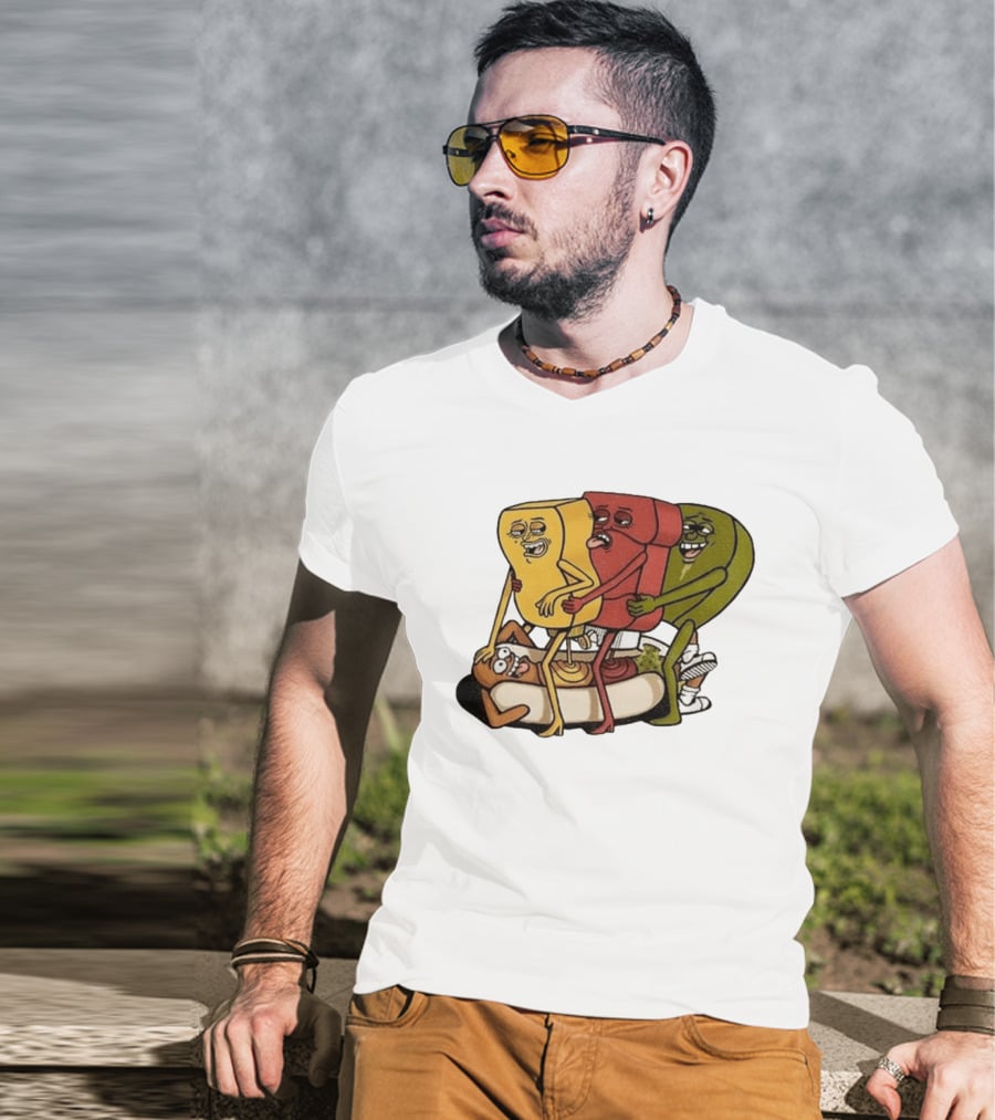 Hot Dog Topped With Mustard Ketchup And Relish Cartoon Characters T-Shirt