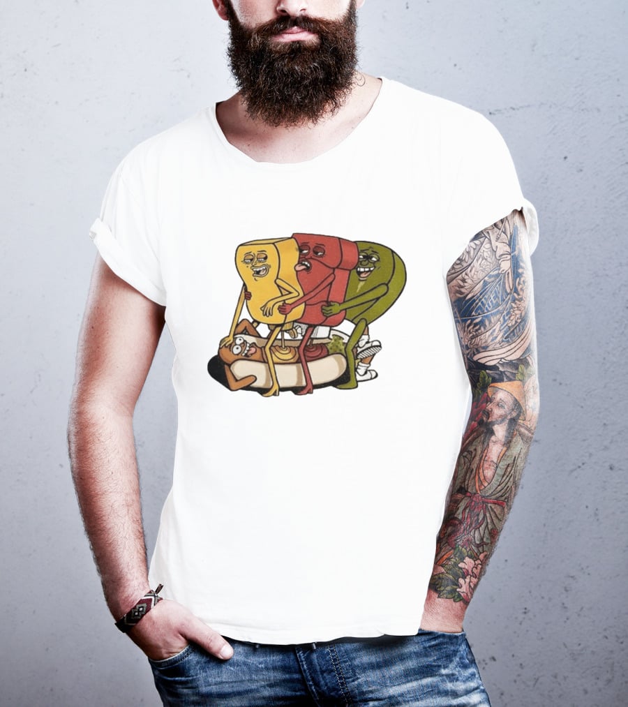 Hot Dog Topped With Mustard Ketchup And Relish Cartoon Characters T-Shirt