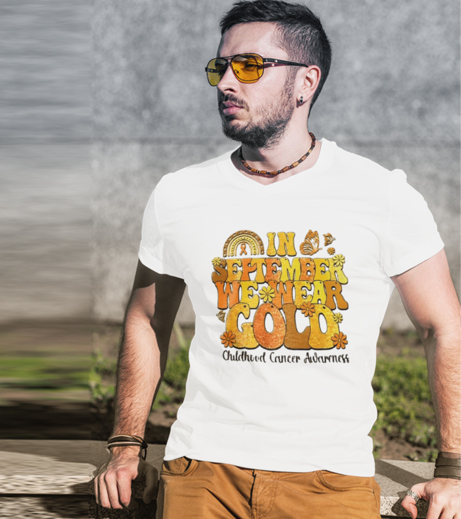 In September We Wear Gold Childhood Cancer Awareness Groovy Rainbow Butterfly Flower Motif T-Shirt
