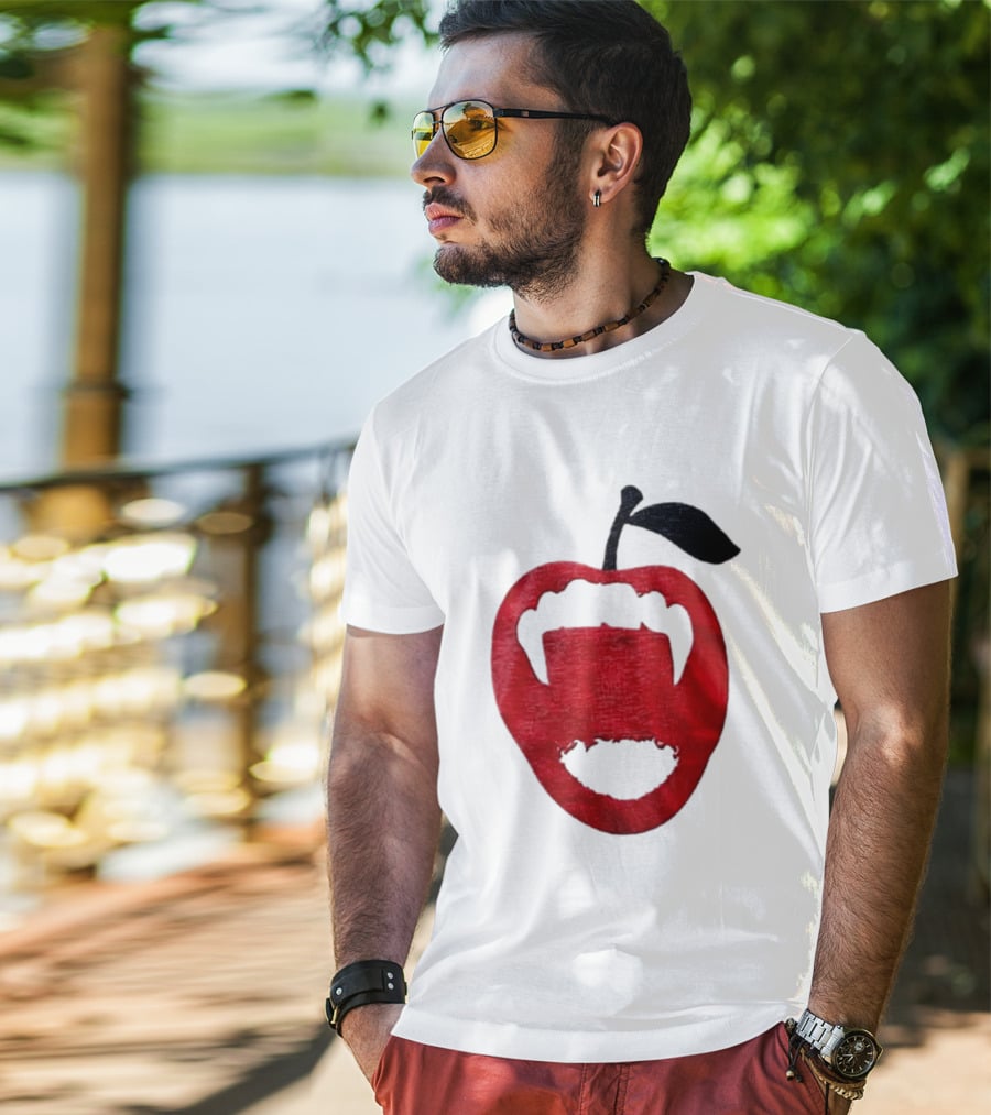 Red Apple Vampire Fangs Halloween Cutout T-Shirt
