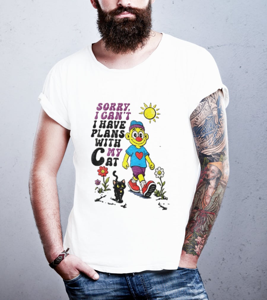 Sorry I Can't I Have Plans With My Cat Cartoon Yellow Figure Walking Sunflowers T-Shirt