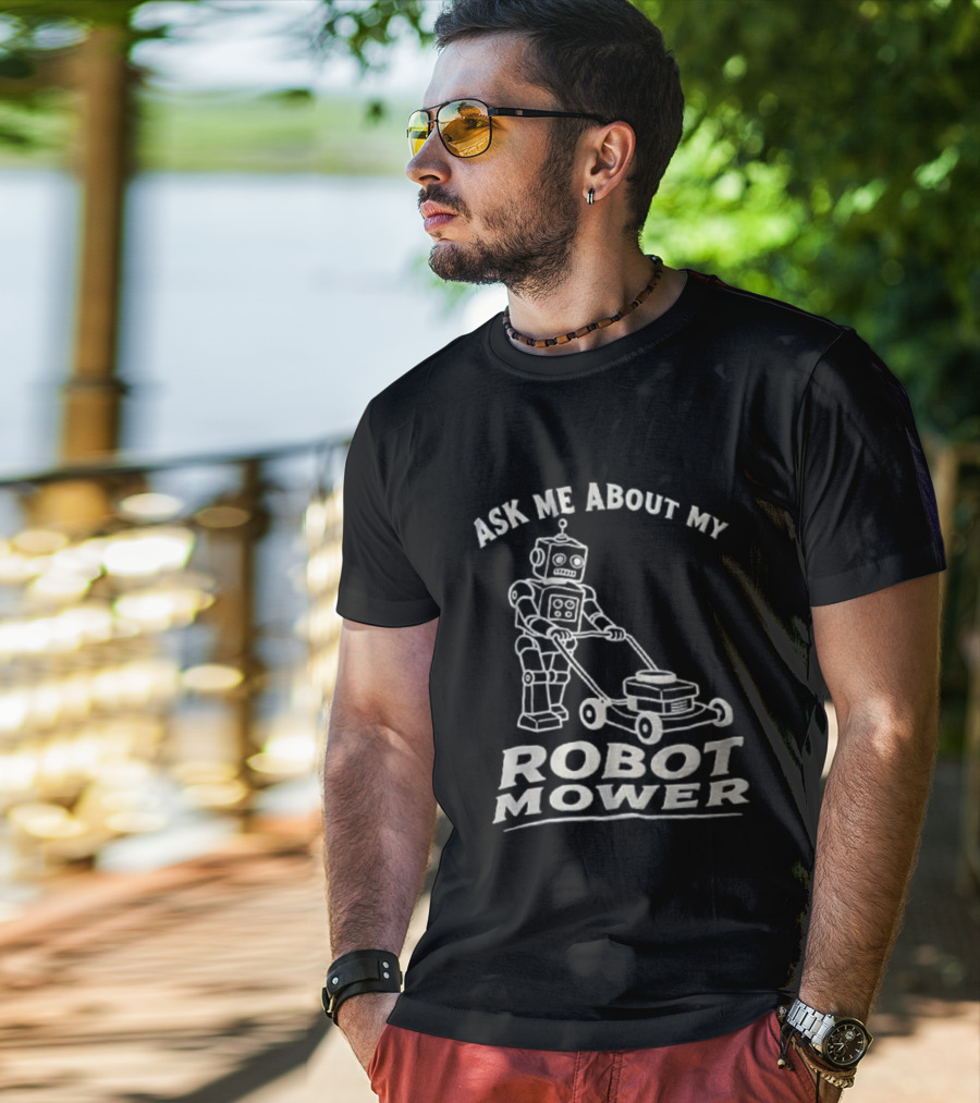 Ask Me About My Robot Mower Vintage Robot Pushing Lawnmower T-Shirt
