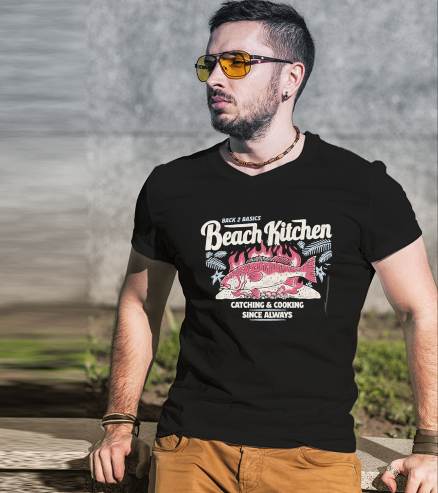 Back 2 Basics Beach Kitchen Catching Cooking Since Always Vintage Fish And Flames T-Shirt