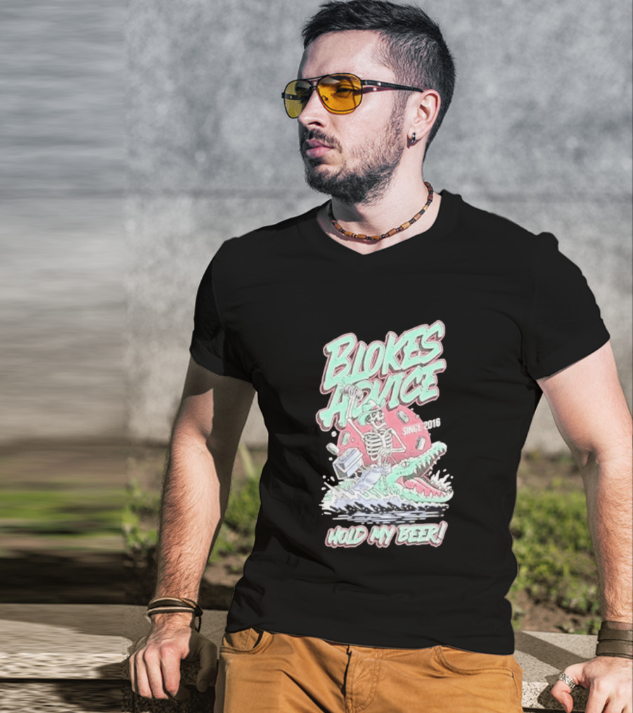 Blokes Advice Since 2016 Hold My Beer Skeleton Riding Alligator T-Shirt