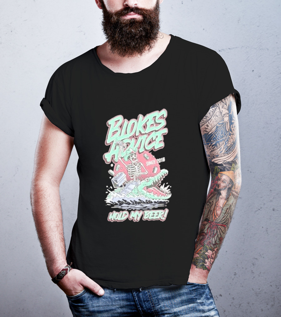 Blokes Advice Since 2016 Hold My Beer Skeleton Riding Alligator T-Shirt