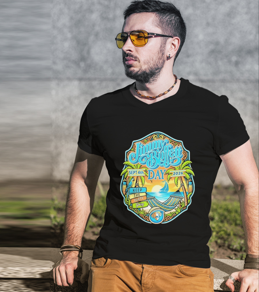 Jimmy Buffett Day Sept 4th 2026 Keep The Party Going Tropical Beach Hammock Scene T-Shirt