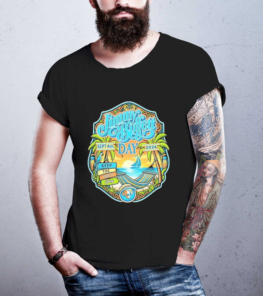Jimmy Buffett Day Sept 4th 2026 Keep The Party Going Tropical Beach Hammock Scene T-Shirt