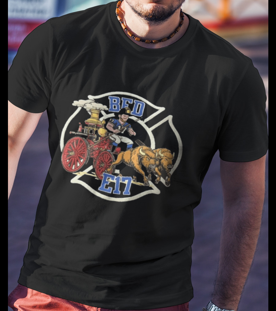Josh Allen BFD E17 Firefighter Cartoon Driving Bison Engine 17 T-Shirt
