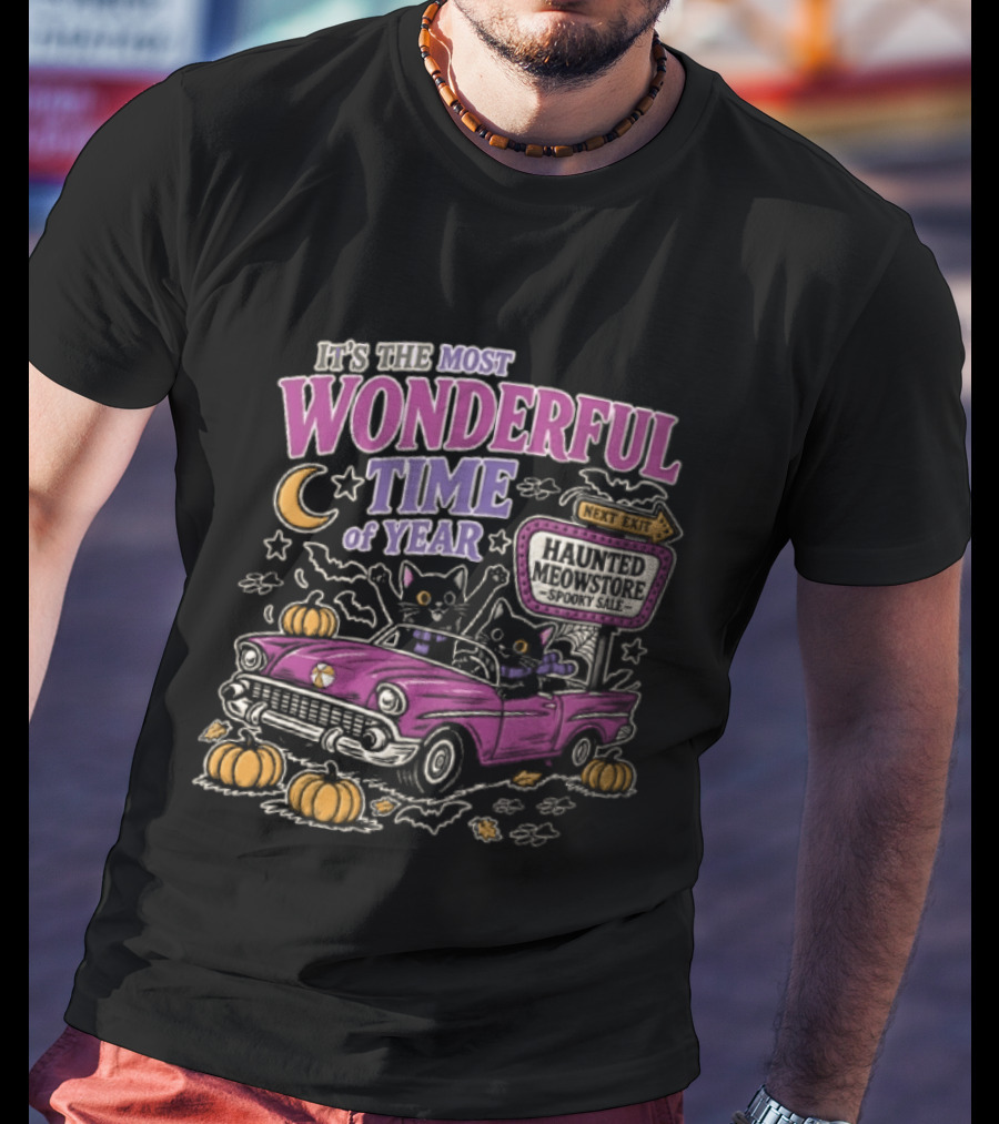 The Most Wonderful Time Of Year Halloween Cat And Pumpkins Retro Car T-Shirt