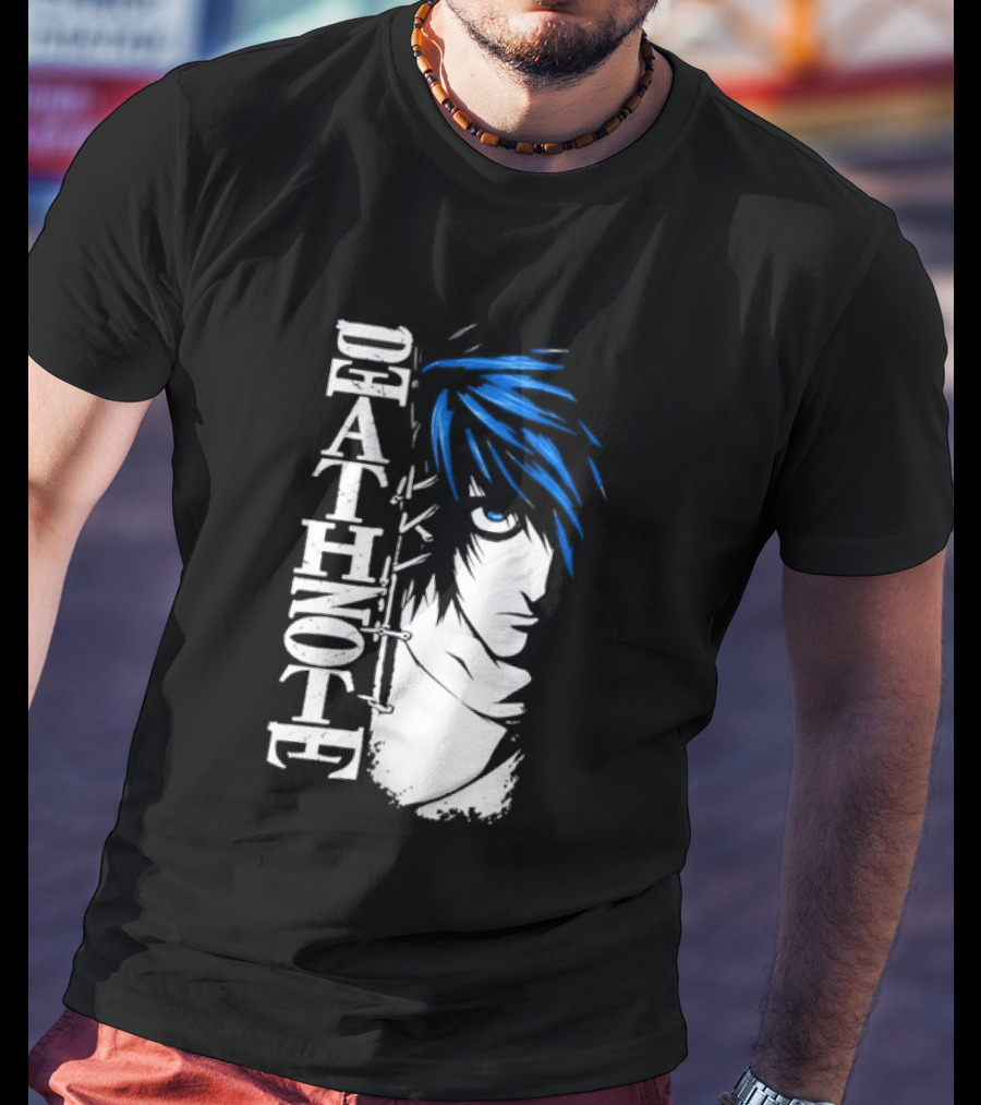 L From Death Note Distressed Anime Blue Hair White T-Shirt