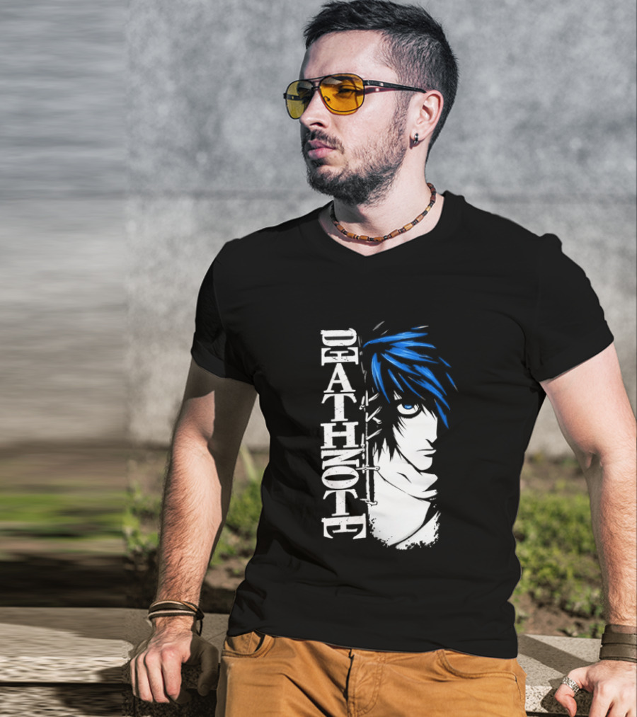L From Death Note Distressed Anime Blue Hair White T-Shirt