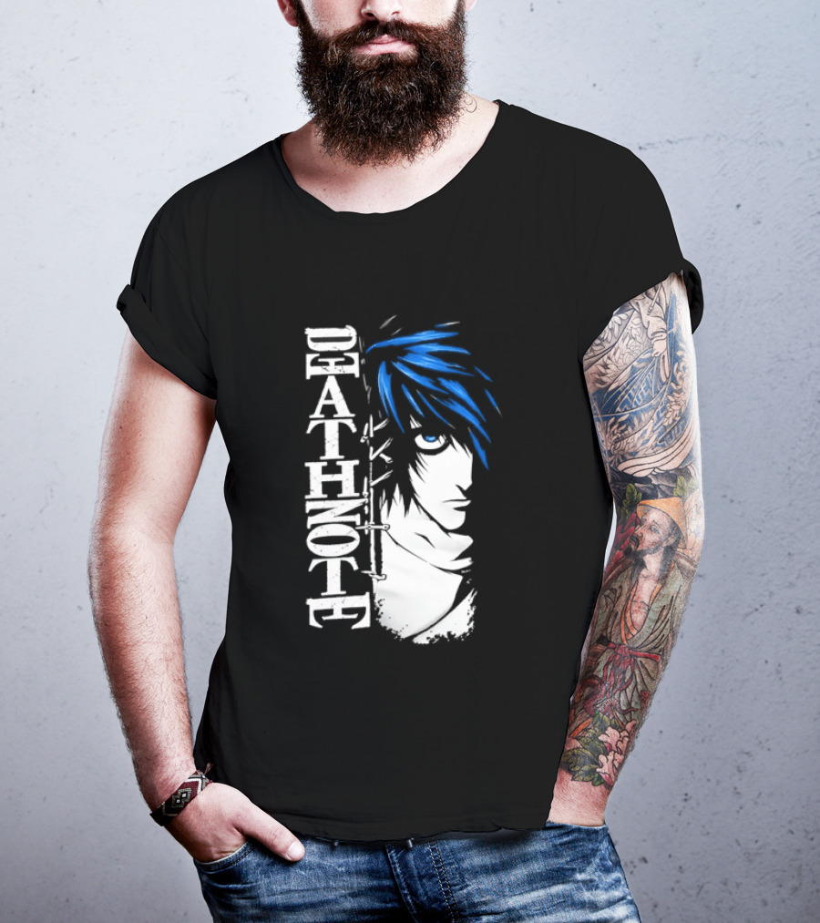 L From Death Note Distressed Anime Blue Hair White T-Shirt