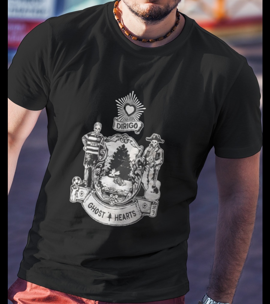 Dirigo Ghost Hearts Maine Crest With Skeleton Soccer And Guitar Players T-Shirt
