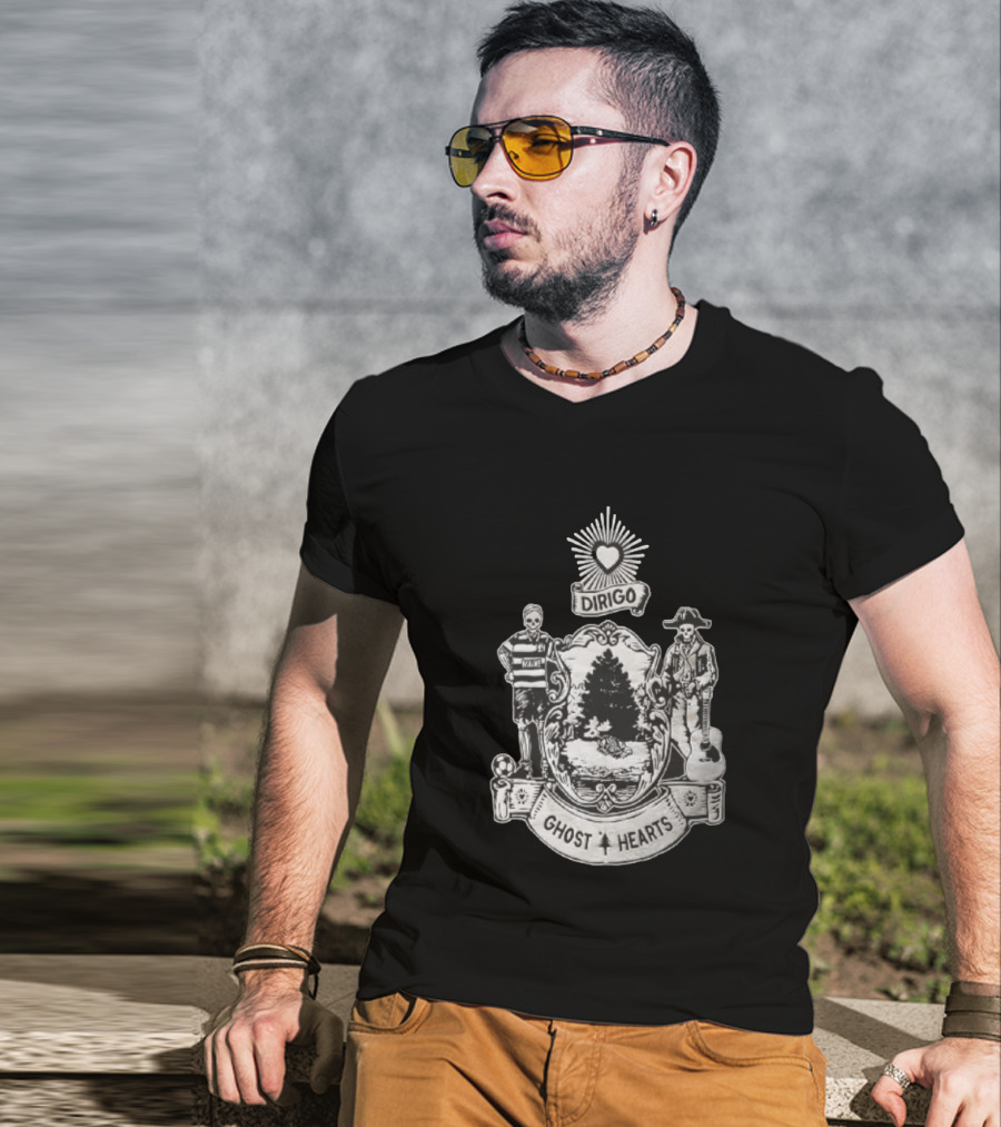 Dirigo Ghost Hearts Maine Crest With Skeleton Soccer And Guitar Players T-Shirt
