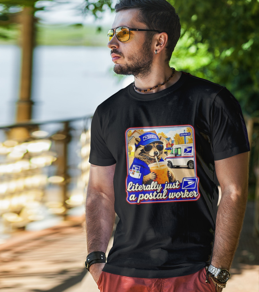 Literally Just A Postal Worker Raccoon With USA Postal Service Mail Truck Delivery Scene T-Shirt