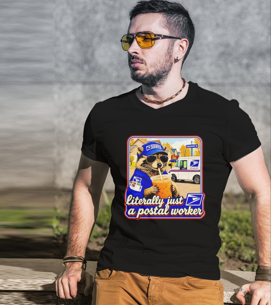 Literally Just A Postal Worker Raccoon With USA Postal Service Mail Truck Delivery Scene T-Shirt