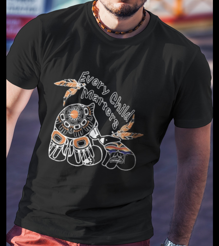 Every Child Matters Bear With Feathers And Rainbow Motif T-Shirt