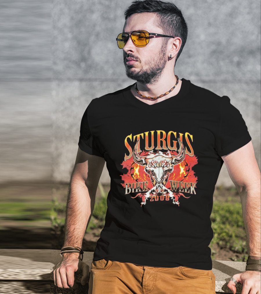 Sturgis Bike Week 2008 Flaming Bull Skull T-Shirt