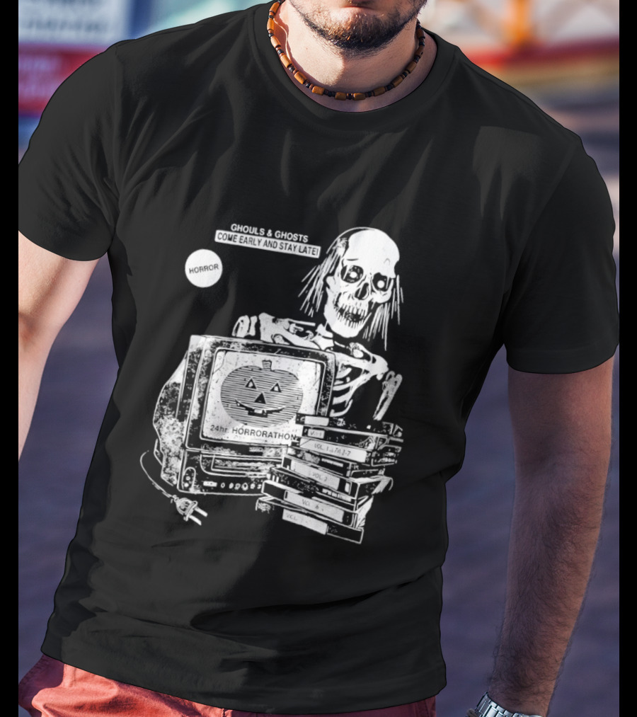 Ghouls And Ghosts 24hr Horrorathon Skeleton With TV And Pumpkin T-Shirt