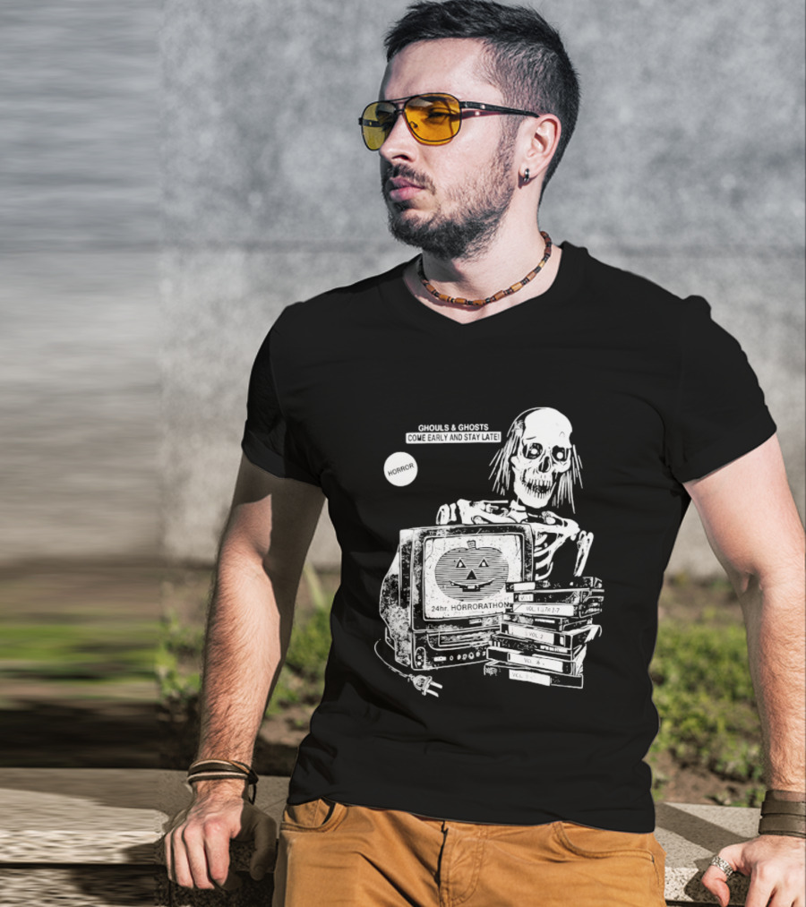 Ghouls And Ghosts 24hr Horrorathon Skeleton With TV And Pumpkin T-Shirt