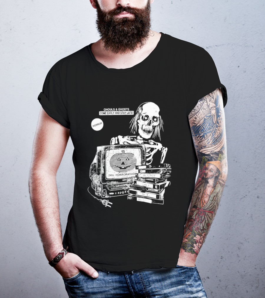 Ghouls And Ghosts 24hr Horrorathon Skeleton With TV And Pumpkin T-Shirt