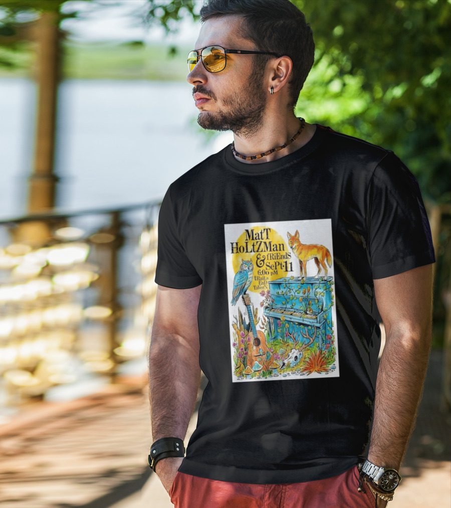 Matt Holtzman And Friends Live Music Event At Trails End Tavern September 11 Featuring Fox And Owl With Guitar And Piano Illustrations T-Shirt