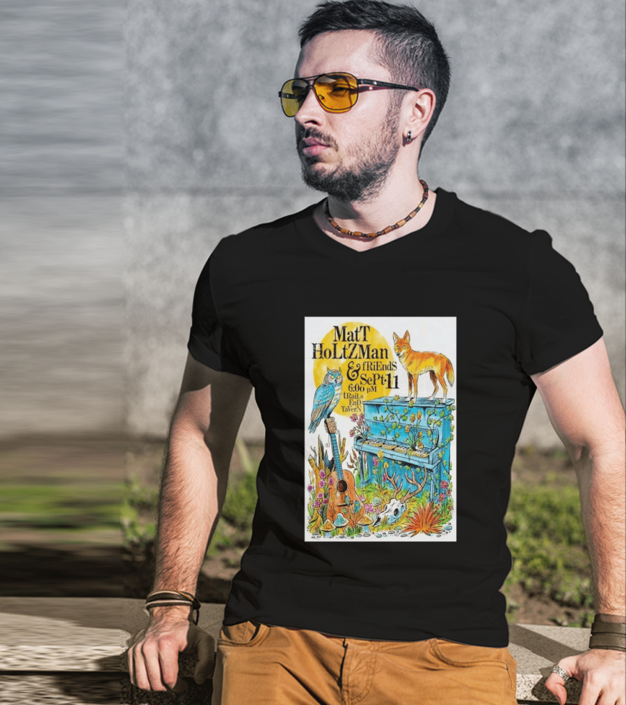 Matt Holtzman And Friends Live Music Event At Trails End Tavern September 11 Featuring Fox And Owl With Guitar And Piano Illustrations T-Shirt
