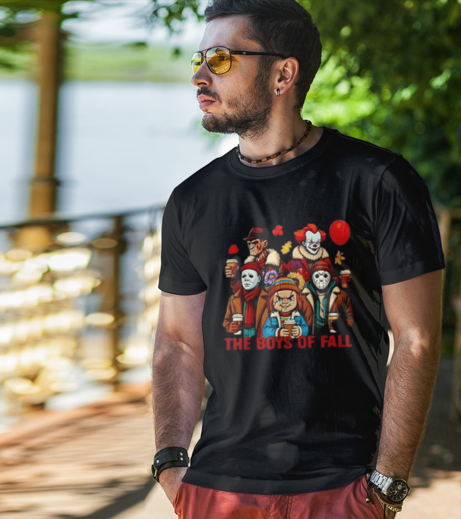 The Boys Of Fall Horror Movie Villains Holding Coffee Autumn Leaves Cartoon Balloons T-Shirt
