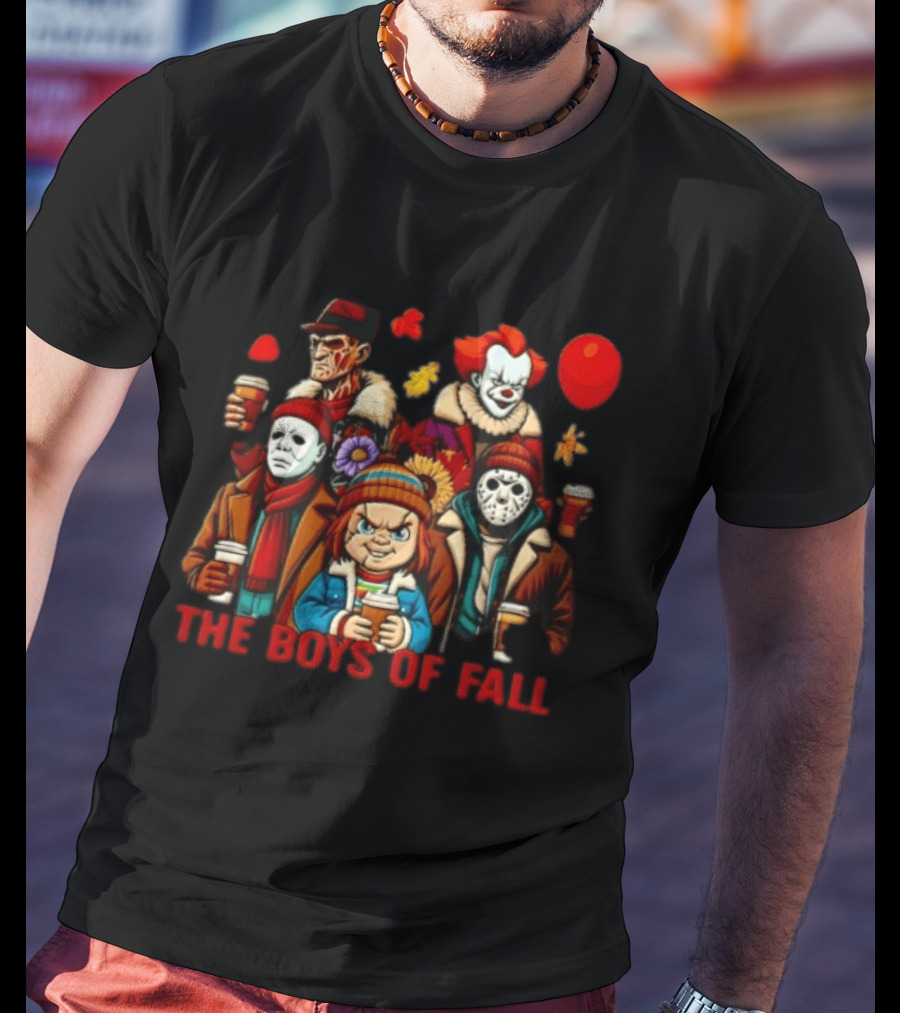 The Boys Of Fall Horror Movie Villains Holding Coffee Autumn Leaves Cartoon Balloons T-Shirt