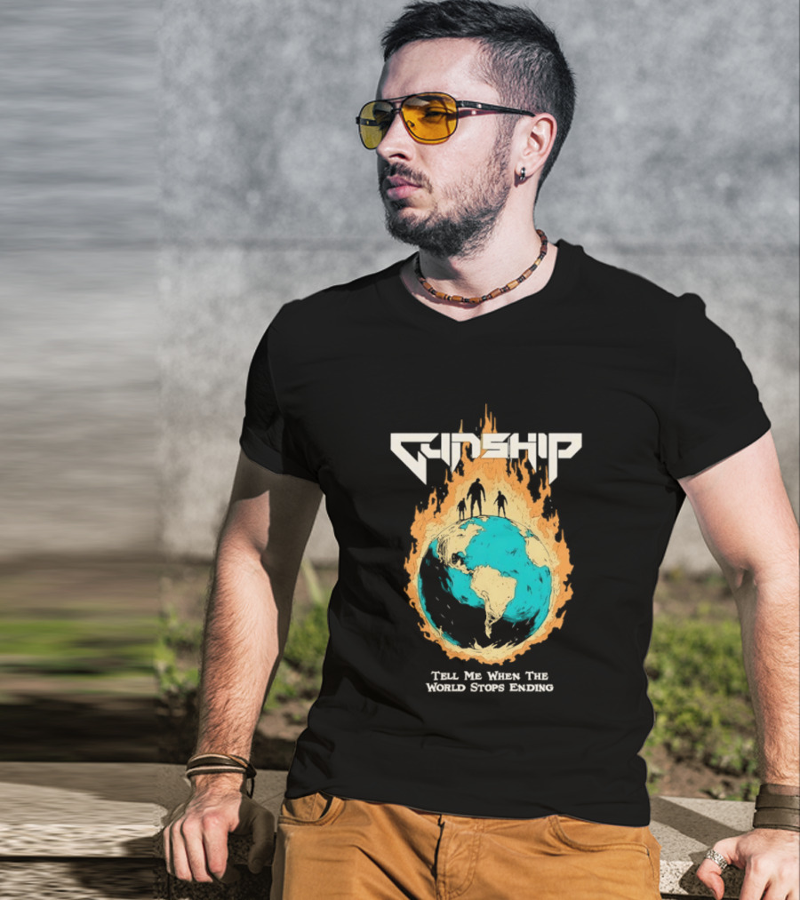 Gunship Tell Me When The World Stops Ending Flaming Earth T-Shirt