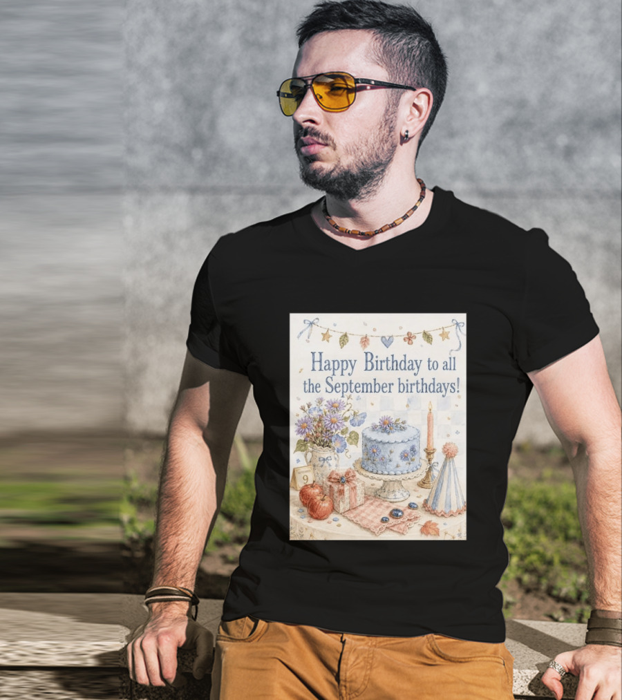 Happy Birthday To All The September Birthdays With Cake And Flowers Celebration T-Shirt