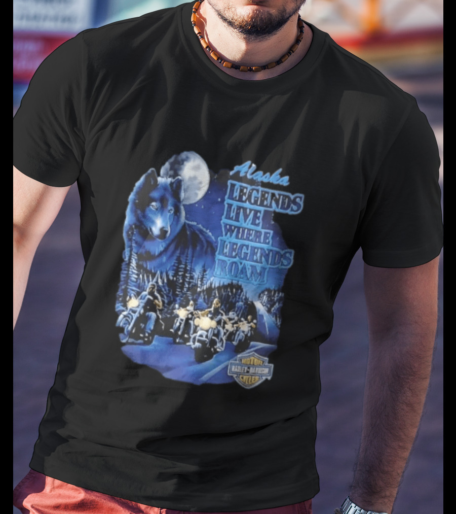 Alaska Legends Live Where Legends Roam Wolf Moon Motorcycles Forest Road T-Shirt