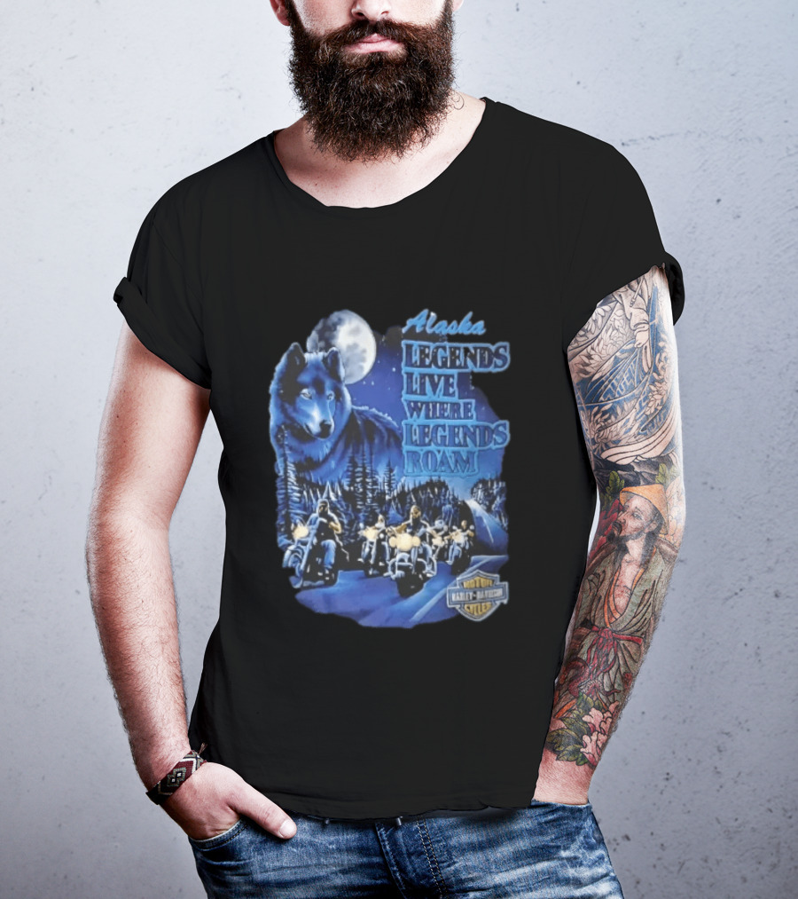 Alaska Legends Live Where Legends Roam Wolf Moon Motorcycles Forest Road T-Shirt