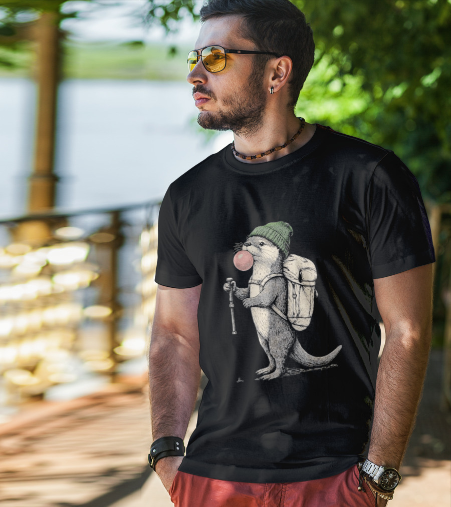 Hiking Otter Backpack Adventure With Bubble Gum T-Shirt
